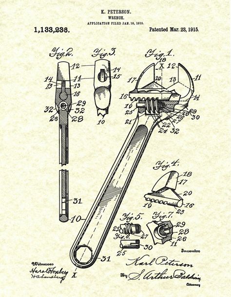 1915 Crescent Wrench invented by Karl Petersen. The United States Patent and Trademark office issued the patent on March 23, 1915. All patent print pages are restored and digitally enhanced to remove as many flaws as possible while maintaining the integrity of the original document. My patent prints are printed on archival heavyweight matte paper using Epson Ultrachrome K3 pigmented inks that will last over 100 years. Select size and color from the drop down menus. Feel free to contact me for a Patent Drawing Vintage, Illustrative Posters, Mechanic Decorations, Crescent Wrench, Dapper Outfit, Patent Art Prints, Mechanic Gifts, Engineer Prints, Blue Prints