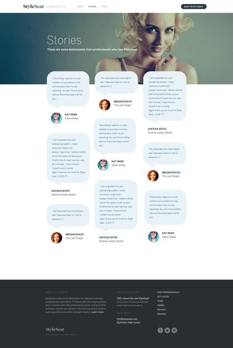 About page web design for StyleSeat by Megumi Tanaka. I love the three-column layout with the testimonials in speech bubbles! Testimonial Page Design Website, Testimonials Web Design Inspiration, Review Design Layout, Review Page Design, Website Testimonial Design, Testimonial Page Design, Reviews Web Design, Testimonial Design Layout, Testimonials Design Inspiration