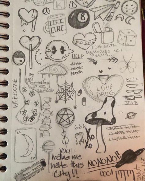 Sketch Collage Doodles, Notebook Drawings Doodles Sketches, Sketch Book Drawings Easy, Dark Doodles Simple, Emo Doodles Creepy Cute, Fairycore Doodles, Grunge Doodles Journals, Cool Sketches Trippy, Sketches Trippy