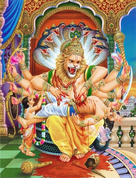 When God protected his devotee Prahlad from the evil... Narasimha Painting, Narsingh Bhagwan Images, Narsingh Bhagwan, Diwali Lantern, Krishna Avatar, Lord Krishna Hd Wallpaper, Color Drawing, Lord Vishnu Wallpapers, Hindu Mythology