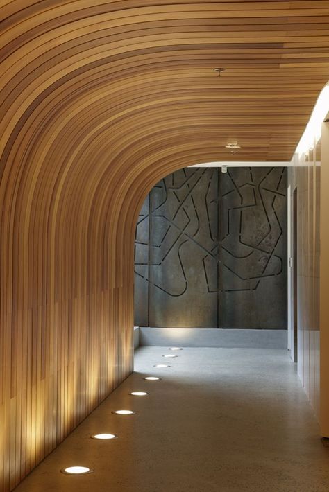 wood ceiling, curved, up-lighting Deco Spa, Blitz Design, Elevator Lobby, Corridor Design, Wood Architecture, Patio Canopy, Curved Wood, Lobby Design, Interior Modern