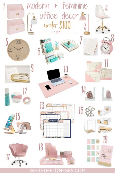 Modern and pretty decor for your girl boss office! Stylish and trendy office accessories that are affordable - I don't know about yall, but when my workspace is pretty to look at it makes me more productive - or at least that's what I tell myself! #officedecor #girlboss #officefurniture #pinkdecor #golddecor #modernoffice https://werethejoneses.com Simple Chic Office Decor, Realistic Home Office Ideas, Blush And Gold Office Decor, Work Desk Decor Minimalist, Small Glam Office Ideas, Pretty Office Decor, Teal And Gold Office Decor, Pink And Navy Office Decor, Boho Work Office Decor