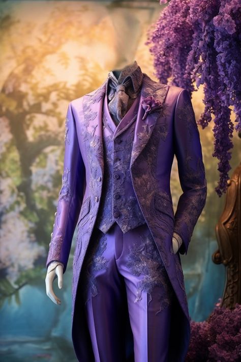 Wisteria inspired suit Fairytale Suit, Ball Suits For Men, Fantasy Wedding Suit, Suit With Train, Mens Fantasy Fashion, Fantasy Suits Male, Purple Suits For Men, Purple Wedding Suit, Masquerade Suit