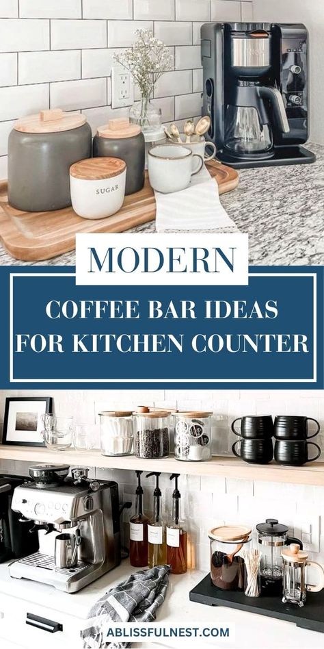 Coffee bar ideas for kitchen counter are a great way to add personality and functionality to your kitchen. Showcase your favorite mugs, coffee makers, and accessories in a visually appealing way. This dedicated space will not only streamline your coffee routine but also add a touch of charm to your kitchen. #coffeecorner #homecafe #kitchendecor Coffee Bar Ideas Luxury, Coffee On Counter Ideas, Large Coffee Bar Ideas, Styling Coffee Bar, Coffee Pot On Counter Ideas, Coffee Kitchen Counter, Coffee Maker On Counter Ideas, Coffee Bar Countertop Ideas, Countertop Coffee Bar Ideas