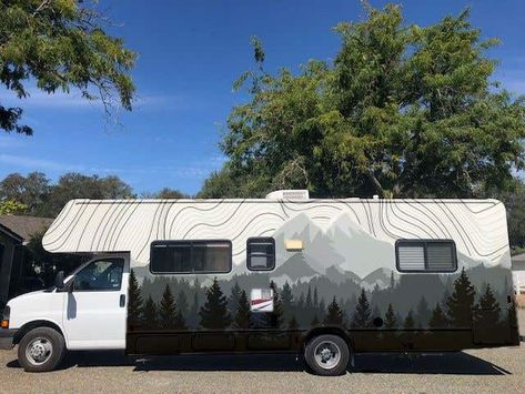 This is entry #9 by emastojanovska in a crowdsourcing contest RV wrap design, for $60.00 posted on Freelancer! Motorhome Exterior Paint Ideas, Rv Murals Exterior, Painting Camper Exterior, Rv Exterior Paint Designs, Rv Wrap Ideas, Camper Mural, Trailer Wrap Design, Painted Caravan, Rv Exterior Paint