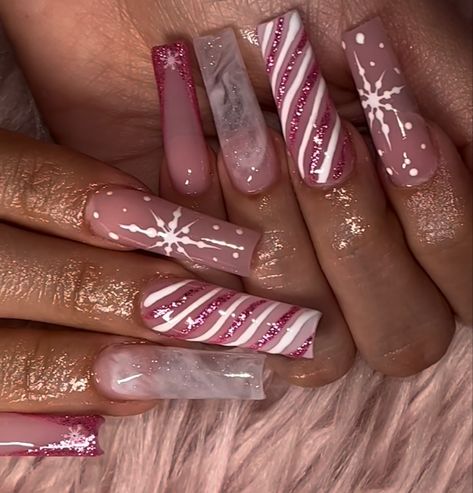 Christmas Acrylics Nails Short, Christmas Nail Ideas Coffin Shape, Maroon Nail Inspo Acrylic, Brown Christmas Acrylic Nails, Peppermint Nails Acrylic, Nails Acrylic Coffin Winter, Christmas Nails Rhinestones, Pink Christmas Nails Coffin, Long Christmas Nail Designs