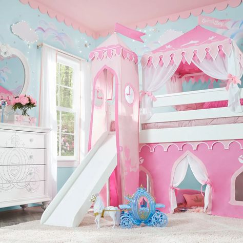 Disney Princess Fairytale White Twin Step Loft Bed with Slide and Tower - Rooms To Go Princess Bunk Beds, Princess Kids Room, Disney Princess Bedding, Barbie Room Decor, Disney Princess Bedroom, Modern Kids Room Design, Girls Loft Bed, Loft Bed With Slide, Disney Princess Room