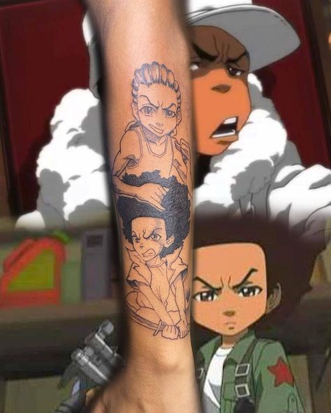 Riley And Huey Tattoo Designs, The Boondocks Tattoo Ideas, Riley Boondocks Tattoo, Riley Freeman Tattoo, Huey Freeman Tattoo, Nickelodeon Tattoos, Boondocks Tattoo Designs, Boondocks Tattoo, Boondocks Cartoon