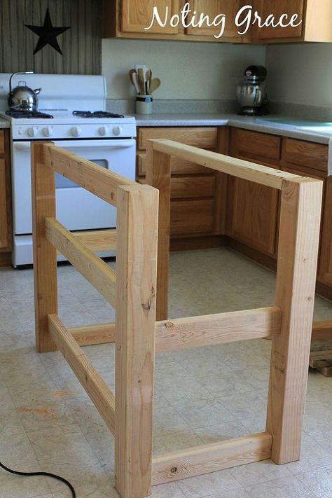 Look at this super easy frame*************DIY Pallet Kitchen Island for Less Than $50 :: Hometalk: Pallet Island, Diy Island, Build Kitchen Island, Pallet Kitchen Island, Kitchen Island Makeover, Builder Grade Kitchen, Pallet Kitchen, Rustic Kitchen Island, Diy Kitchen Island