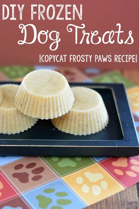 Frosted Dog Treats, Frosty Paws Recipe, Copycat Frosty, Homemade Frozen Dog Treats, Frozen Dog Treats Homemade, Frosty Paws, Dog Treats Recipe, Diy Dog Food, Frozen Dog Treats