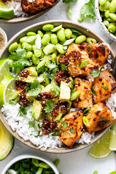 Air Fryer Salmon Bites with Honey   Chili Crunch - Fit Foodie Finds Air Fried Salmon Rice Bowl, Chili Crisp Salmon, Salmon Recipes Air Fryer, Salmon Bites Recipe, Chili Crunch, Air Fryer Salmon, Salmon Bites, Salmon Rice Bowl, Edamame Salad