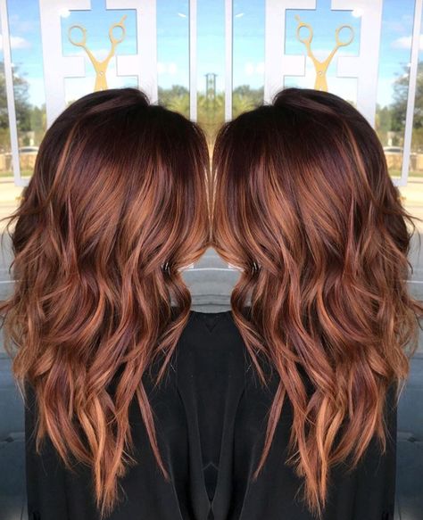 Red Carmel Highlights On Brown Hair, Cowboy Copper Hair Color Brunette, Dark Auburn Hair Color With Highlights Caramel Red, Copper Red Balayage Hair Brunettes, Fall Balayage Brunette Red, Red Brown Hair Balayage, Light Red Balayage, Brunette And Copper Hair, Balayage Hair Red Auburn