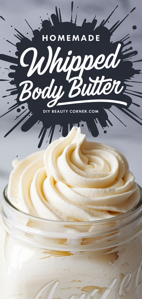 Homemade whipped body butter in a jar, natural and nourishing DIY body butter recipe for soft, glowing skin. Whipped Olive Oil Body Butter, Diy Vanilla Body Butter, Homemade Cocoa Butter Lotion, Basic Body Butter Recipe, Beeswax Body Butter Recipe, Cocoa Butter Whipped Body Butter, Body Shea Butter, Non Greasy Body Butter Recipe Homemade, All Natural Body Butter Recipe