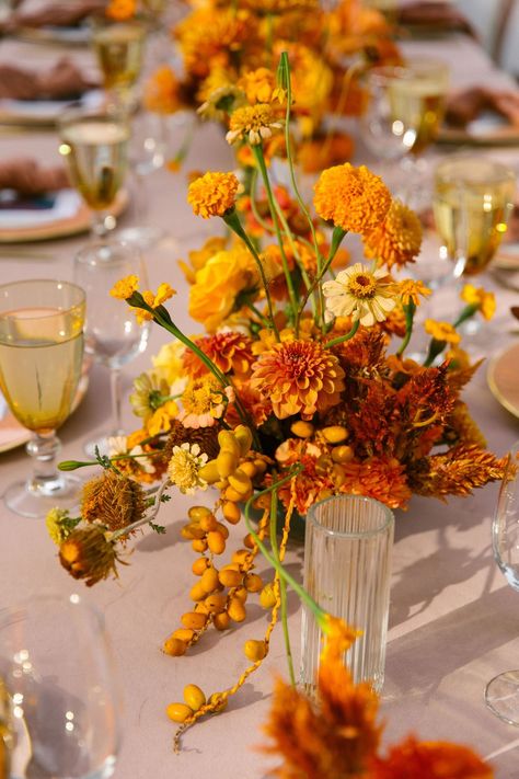 Orange / Yellow Wedding Floral Designs Gallery — Ampersand Yellow Wedding Backdrop, Mustard Yellow Wedding, Yellow Wedding Decorations, Orange Centerpieces, Marigold Wedding, Orange Yellow Color, Mustard Wedding, Yellow Color Scheme, Orange Wedding Themes