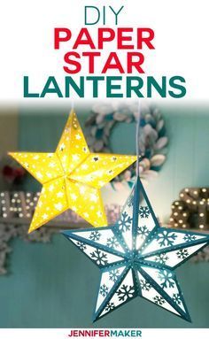 Make Paper Star Lanterns with Cut-Outs and Snowflakes on your Cricut Explore Make with my Free SVG Cut File #homedecor #christmasstar #cricut 3d Paper Star, Jul Diy, Paper Star Lanterns, Star Lanterns, Projets Cricut, Make Paper, 3d Paper Crafts, Paper Stars, 3d Christmas