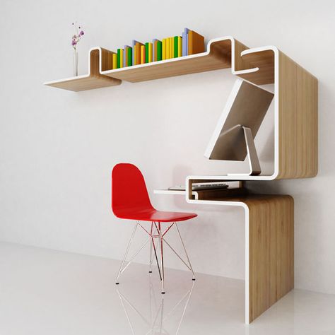 Plywood Desk, Table With Shelves, Cool Shelves, Diy Computer Desk, Creative Bookshelves, Space Saving Desk, Shelves Design, Small Space Office, Desks For Small Spaces