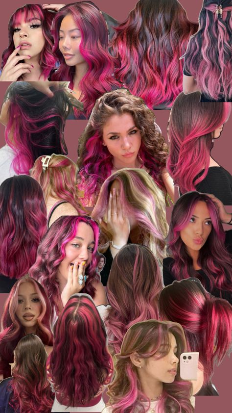 College of pink hair 💕💕 Brown Hair With Magenta Highlights, Pink Strand In Brown Hair, Hot Pink Hair Streaks, Red Pink Hair Color, Dark Brown And Pink Hair, Purple To Pink Hair, Pink Highlights Curly Hair, Brown To Pink Hair, Pink Highlights Hair