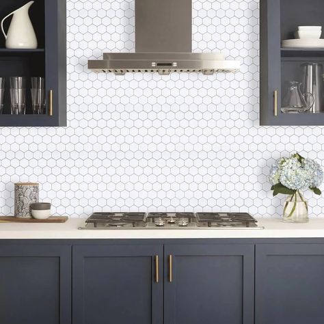 Kitchen Hexagon Backsplash, White Hexagon Backsplash Kitchen, Honeycomb Backsplash Kitchen, Hexagon Backsplash Kitchen, White Hexagon Backsplash, Hexagon Kitchen Backsplash, Camper Wall Decor, White Hexagon Tile, Stick On Kitchen Backsplash