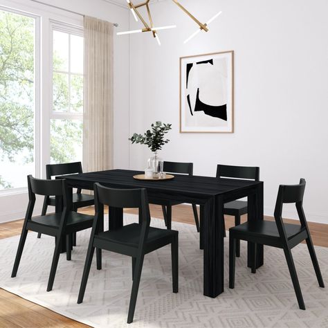 Dine in style with the Plank+Beam Modern Dining Table Set with 6 Chairs. Perfect for your family and friend gatherings, this long dining table for 6 seats everyone comfortably. Crafted with solid pine wood and clean, non-toxic finishes, this kitchen table set has a strong and sturdy design that complements your healthy living space. Stylish and versatile, this dining room table can be used as a kitchen table and dinner table or as a large table for office or game room. The dining chairs can effo Black Dining Room Table, Wood Dining Table Set, Modern Dining Set, Black Chairs, Modern Dining Table Set, Walnut Chair, Long Dining Table, Solid Wood Chairs, Solid Wood Dining Set