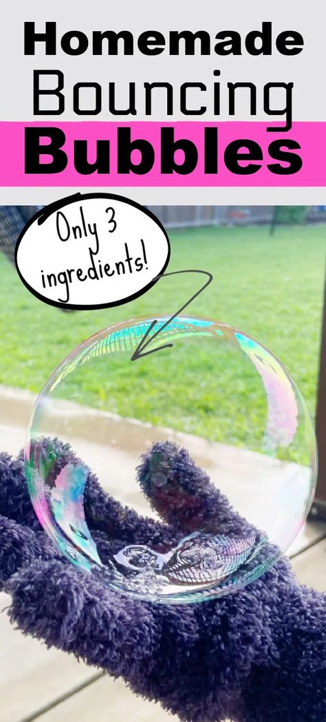 Mix up this cool homemade bouncing bubble solution. This recipe is great for kids and requires no glycerin, so it won't be as sticky. All you need is three ingredients and some bubble wands to make these awesome bubbles you can hold, blow, and bounce. We also share the science on why it works. Bouncing Bubbles, Bubble Solution Recipe, Giant Bubble Recipe, Homemade Bubble Solution, Bubble Diy, Vacation Bible School Craft, Bubble Recipe, Bubble Birthday Parties, Bubble Mix