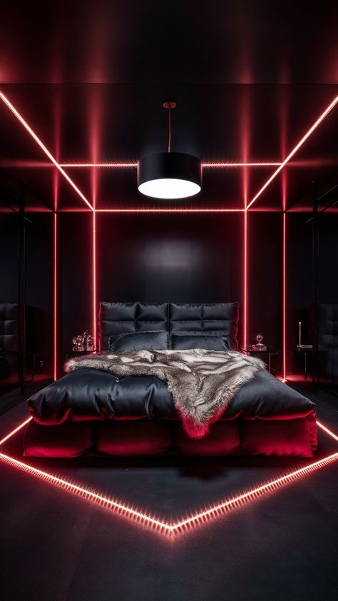 Step into a space radiating vibrant vibes with bold red LED lights illuminating this light gray bedroom. The striking contrast energizes the room, making it an ideal spot for creative inspiration or late-night brainstorming sessions. 💡❤️ #VibrantVibes #CreativeSpace Red Neon Bedroom, Red Luxury Bedroom, Red Room 50 Shades Diy, Red Room 50 Shades, Red Room Ideas, Light Gray Bedroom, Integrated Refrigerator, Marble Iphone Wallpaper, Goth Bedroom