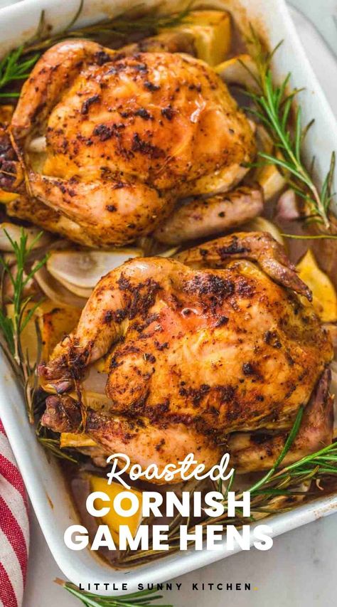 Cornish Hens are easy to roast and stunning to serve! Homemade dry rub takes this show-stopping recipe from great to amazing for holiday dinners. Cornish Hen Recipes Oven, Baked Cornish Hens, Cooking Cornish Hens, Pan Potatoes, Cornish Game Hen Recipes, Keto Easter, Roasted Cornish Hen, Cornish Game Hens, Dinner Meat