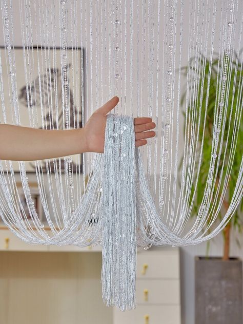 Crystal Curtains Window, Lighted Curtains, Mirror Curtain, Door Curtain Ideas, Door Curtains Diy, Beaded Curtains Doorway, Door Beads, Crystal Curtains, String Curtains