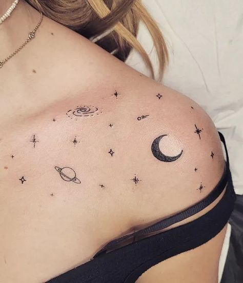 shoulder tattoo ideas for women - Google Search Unique Balance Tattoos, Tattoo Ideas Female Upper Chest, Planet Shoulder Tattoo, Shoulder Space Tattoo, Celestial Sleeve Tattoos For Women, Shoulder Tattoos For Women Stars, Space Thigh Tattoo, Chest Tattoo Female Upper Shoulder, Space Tattoo Sleeve For Women