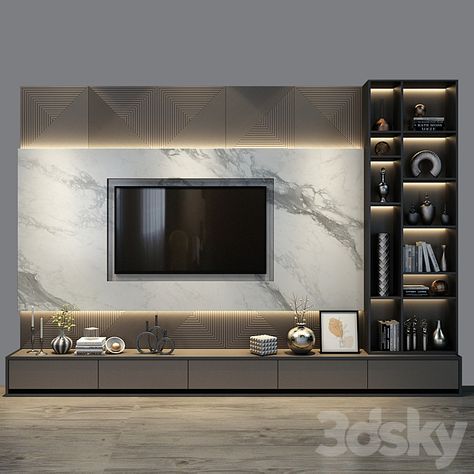 TV Wall set 0330 - TV Wall - 3D model Tv Cabinet Wall Design, Tv Cabinet Design Modern, Tv Wall Ideas, Ruang Tv, Modern Tv Room, Modern Tv Unit Designs, Tv Unit Design Modern, Wall Unit Designs, Tv Unit Decor