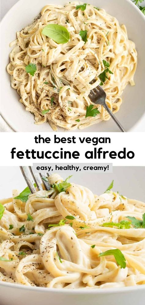 The BEST vegan fettuccine alfredo recipe! This cashew alfredo sauce is rich, creamy, dairy-free, and oil-free. It's made with healthy ingredients like nutritional yeast, cashews, lemon juice, and almond milk. The quick and easy recipe is made in 30 minutes with one pot and a blender. It's a delicious plant-based comfort food & healthy pasta dinner for weeknights! #fettuccinealfredo #alfredo #alfredosauce #cashewcream #veganpasta #cashewcheese #veganalfredo Traditional Alfredo Sauce, Vegan Fettuccine, Alfredo Fettuccine, Vegan Fettuccine Alfredo, Alfredo Sauce Recipe Easy, Vegan Alfredo Sauce, Vegan Alfredo, Fettuccine Alfredo Recipes, Alfredo Sauce Recipe