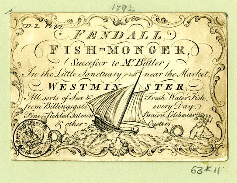 A Fishmonger's trade card from 1792. Regency Food, Journal Images, Coins Collection, French Script, Georgian Era, Printable Images, The British Museum, Trade Cards, Beautiful Prints