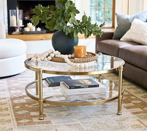 Everson Round Glass Coffee Table (41") Clear Glass Coffee Table, Glass Coffee Table Decor Living Room, Circle Glass Coffee Table, Cozy Coffee Table, Glass Coffee Table Styling, Glass Coffee Table Decor, Brass Round Coffee Table, Round Coffee Table Decor, Glass Table Living Room