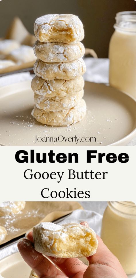 A stack of several gluten-free gooey butter cookies stacked on a plate with a glass of milk behind it. Gluten Free Cake Batter Cookies, Quick Gf Cookies, Gluten Free Crinkle Cookies Recipe, Gluten Free Cookie Dough Recipe, Gluten Free Soft Cookies, Gluten Free Pecan Cookies, Gluten Free Danish Butter Cookies, Gluten Free Honey Cookies, Gf Cookies Recipes