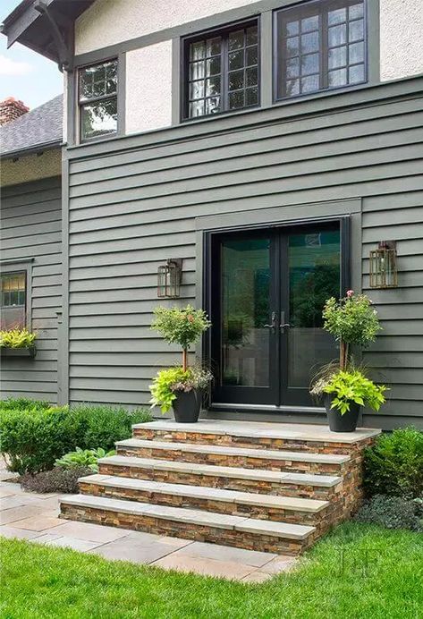 Green Siding Black Trim, Dark Sage House Exterior, Green House Black Door, Dark Olive Green House Exterior, Gray Green House Exterior, Sage Green Exterior House, Sage Green Siding, Sage Green Exterior House Colors, Arctic Entry