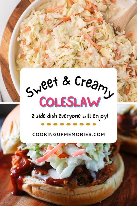 This sweet and creamy coleslaw recipe is the perfect side dish for any meal! Made with a simple, flavorful dressing, this coleslaw is great for BBQs, picnics, or as a topping for sandwiches and tacos. It’s quick to prepare, budget-friendly, and sure to be a hit with your family and guests. Add this refreshing and delicious coleslaw to your next gathering for a dish that pairs well with all your favorite main courses! Non Dairy Coleslaw Recipe, Sweet Creamy Coleslaw, Sides With Bbq Sandwiches, Sweet Cole Slaw Recipe Easy, Thanksgiving Coleslaw Recipe, Marzetti Slaw Dressing Recipes, Easy Coleslaw Recipe Simple, Sweet Coleslaw Dressing, Pulled Pork Coleslaw Recipe