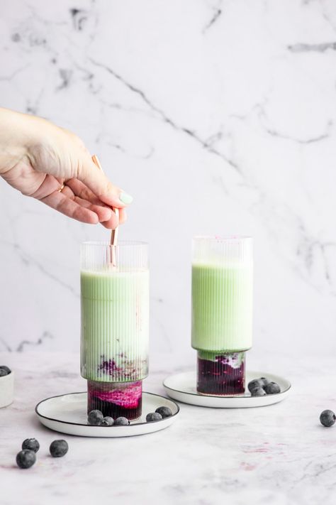 Blueberry Matcha Latte, Blueberry Matcha, Blueberry Yogurt Muffins, Yogurt Muffins, Cold Coffee Recipes, Ceremonial Grade Matcha, Blueberry Compote, Healthy Treat, Themed Desserts