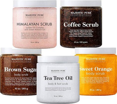 Amazon.com : Majestic Pure Himalayan Scrub, Orange Scrub, Brown Sugar Scrub, Coffee Scrub, and Tea Tree Scrub Bundle – Foot and Body Scrub Package : Beauty & Personal Care Sugar Scrub Packaging, Tree Scrub, Tea Tree Scrub, Orange Scrub, Orange Scrubs, Moisturizing Body Scrub, Green Tea Scrub, Brown Sugar Scrub, Coffee Body Scrub