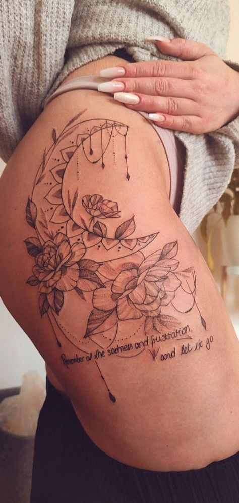 You know what's worse than having a messed up tattoo design on your skin forever? Getting called out about that epic fail online. Compass Hip Tattoos Women, Hot Thigh Tattoos Women, Spiritual Thigh Tattoos For Women, Lotus Thigh Tattoo, Thigh Tattoos Unique, Thigh Tattoo Ideas Female, Side Thigh Tattoos Women, Mandala Thigh Tattoo, Feminine Shoulder Tattoos