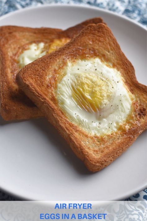 Air Fryer Eggs in a Basket Egg In Hole Air Fryer, Egg In The Basket, Air Fryer Eggs In A Basket, Air Fryer Egg In A Hole, Air Fryer Eggs, Air Fryer Recipes Potatoes, Air Fryer Recipes Breakfast, Air Fryer Recipes Vegetarian, Eggs In A Basket