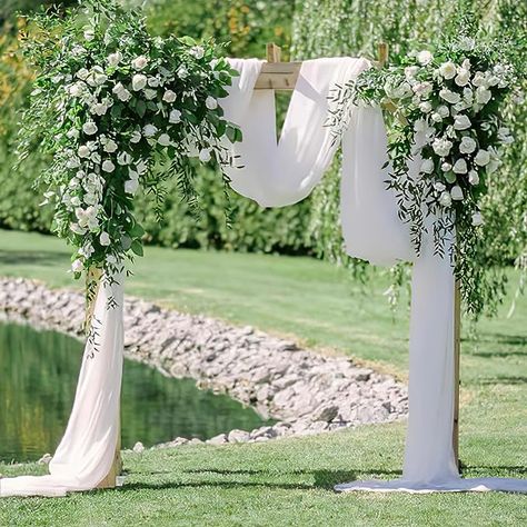 Wedding Ceremony Stage, Drapes Wedding, White Wedding Arch, Fabric Curtains, Arch Decoration Wedding, White Chiffon, Chair Decorations, Reception Table, Draped Fabric