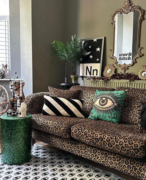 Leopard Couch Living Rooms, Green And Leopard Living Room, Leopard Decor Living Room, Leopard Print Interior Design, Leopard Interior Design, Leopard Print Living Room, Eclectic Aesthetic, Dark Home Decor, Future Apartment Decor