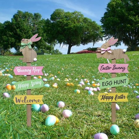 Please see Amazon Affiliate Link to purchase Outdoor Easter Egg Hunt Decorations, Teenager Easter Basket, Easter Bunny Activities, Easter Yard Decorations, Wooden Stake, Easter Porch Decor, Spring Garden Decor, Easter Outdoor, Festival Atmosphere