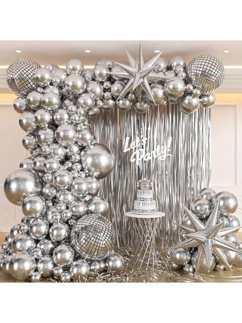 119pcs Silver Star Burst 4D Disco Ball Latex Balloons Perfect For Parties, Graduation Ceremonies, Anniversaries, Weddings, Birthdays, Carnivals, Home Decoration And Room Background Decor Silver    Latex     Event & Party Supplies, size features are:Bust: ,Length: ,Sleeve Length: Prom Party Decorations, Homecoming Campaign, Silver Party Decorations, Glamour Party, White Wedding Decorations, Diamond Party, Campaign Ideas, Balloon Chain, Silver Balloon