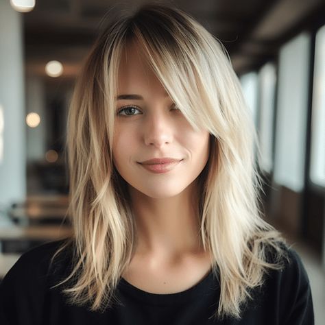 Swept Fringe Long Hair, Long Side Fringe Bangs, No Style Medium Length Hair, Medium Length Hair Side Part Bangs, Long Sideswept Bangs Lob, Side Swept Bangs For Thinning Hair, Medium Length Haircut With Layers And Curtain Bangs Blonde, Bangs For A Side Part, Layered Lob With Side Swept Bangs