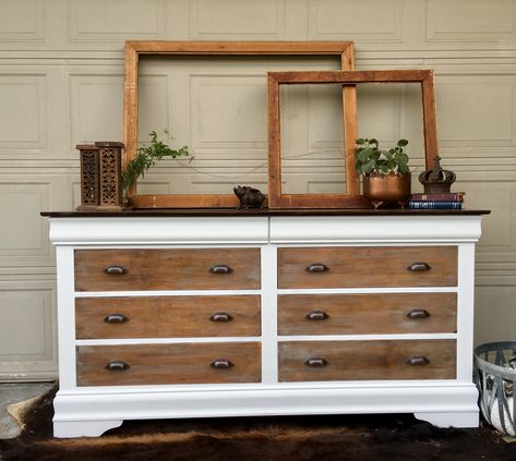 Beautiful Farmhouse Dresser painted in Rustoleum’s Chalked paint in linen white. Drawers and top stained in Jacobean with a white wash. Dark Wood Dresser, Two Tone Dresser, Dresser Makeovers, Paint Dresser, Farmhouse Dresser, Dresser White, Bedroom Furniture Makeover, Oak Bedroom Furniture, Dressers Makeover