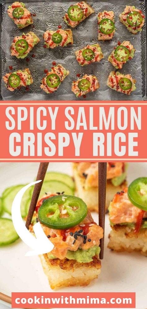 Salmon Recipes Spicy, Fried Rice Squares, Spicy Salmon Crispy Rice, Salmon Crispy Rice, Crispy Rice Recipe, Spicy Salmon Recipes, Sushi Bites, Salmon Crispy, Rice Crispies Recipe