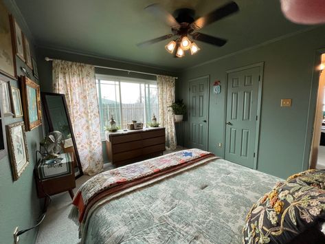 Sage Painted Ceiling, Valspar Cottage Lattice Green, Sage Walls And Ceiling, Green Room With Green Ceiling, All Green Bedroom Walls And Ceiling, Green Attic Room, Green Wall And Ceiling, Ceiling And Walls Same Color, Green Walls And Ceiling