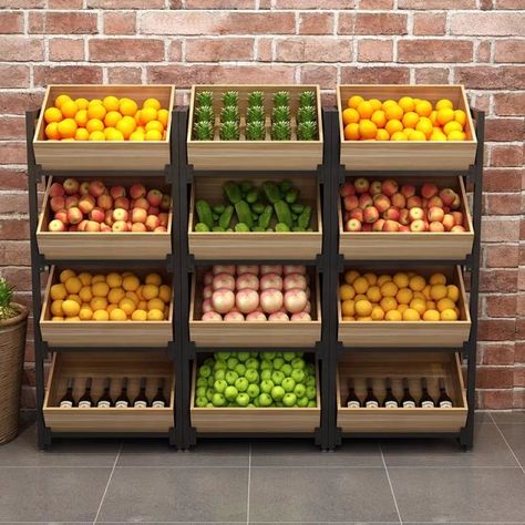 Source 4 Tiers Stable Wood Display Rack For Vegetables and Fruits on m.alibaba.com Fruits Display Ideas, Vegetable Shop Design Ideas, Fruit Shelf, Fruit Rack, Vegetable Display, Mini Mercado, Shop Shelves, Store Fruit, Fruit And Veg Shop