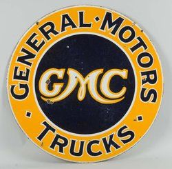 Automotive; General Motors, Sign, GMC Trucks, Porcelain, Round, 2 Sided, 30 inch. Year: 1930 - 1960 Gmc Logo, Porcelain Signs, Logo Vintage, Rat Rods, Gmc Trucks, Rat Rod, General Motors, Vintage Signs, Hot Rods