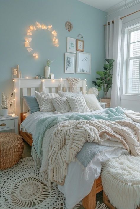 29 Blue Boho Dorm Room Ideas for a Stylish College Retreat 20 Boho Bedroom Blue Accents, Blue Room Ideas Bedroom Inspiration, Dorm Inspo Aesthetic Blue, Room Ideas Light Blue Walls, Blue Cozy Bedroom Aesthetic, Room Ideas Aesthetic Blue And White, Bedroom Calm Aesthetic, Room Ideas Aesthetic Coastal, Soft Core Bedroom